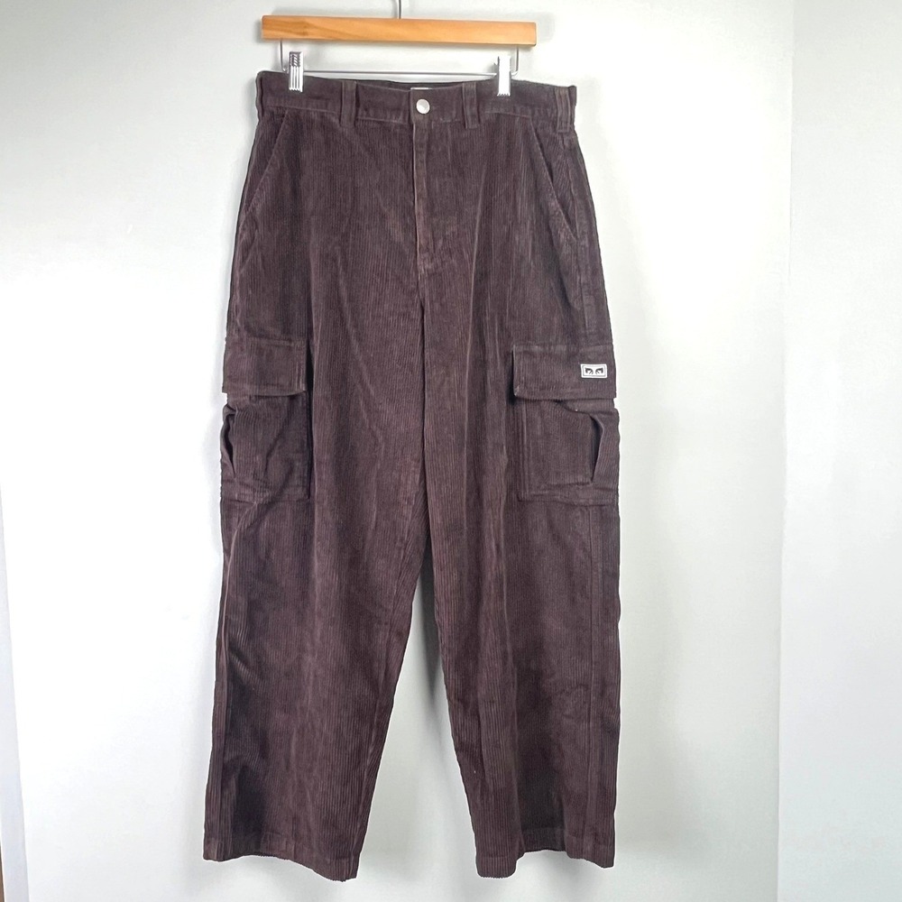 Obey Brown Corduroy Baggy Cargo Pants Women 30 High Rise Wide Wale Skater 90s